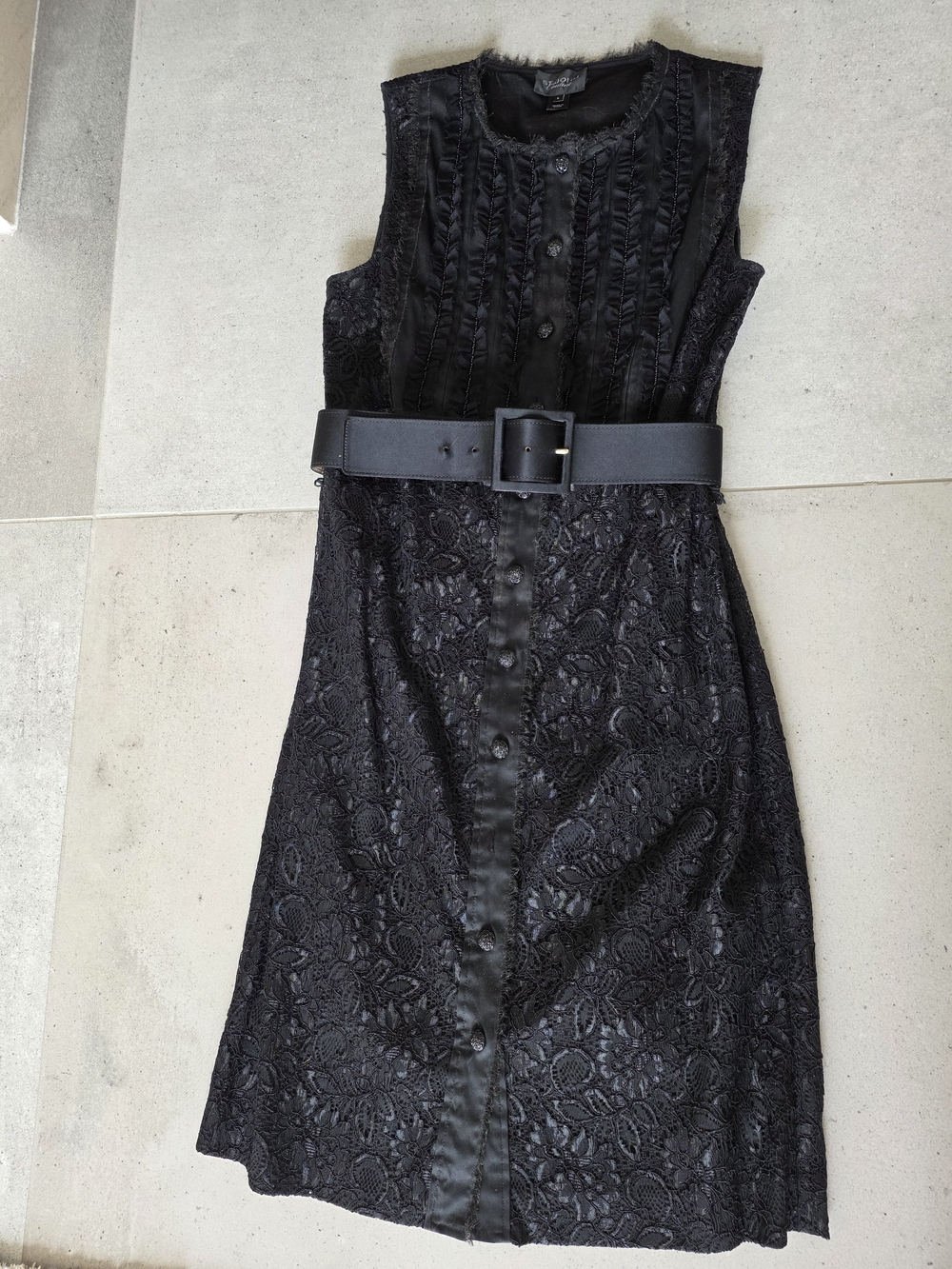 St. John Black Lace Button-Front Sheath Dress with Wide Belt